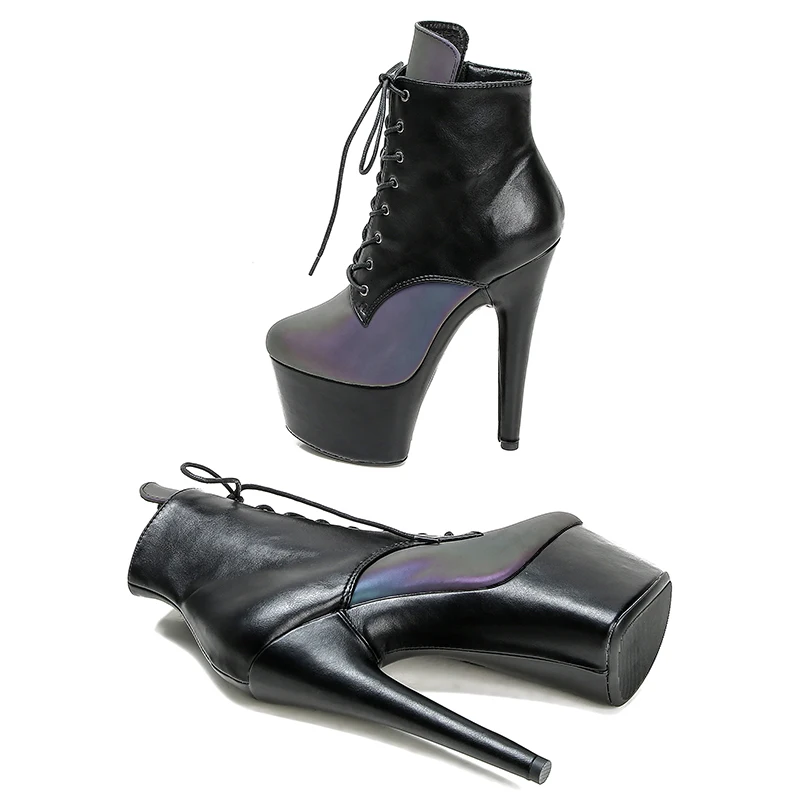 Leecabe 17CM/7Inches black platform with Shinny two colour upper High Heel platform Boots Closed toe  Pole Dance boot