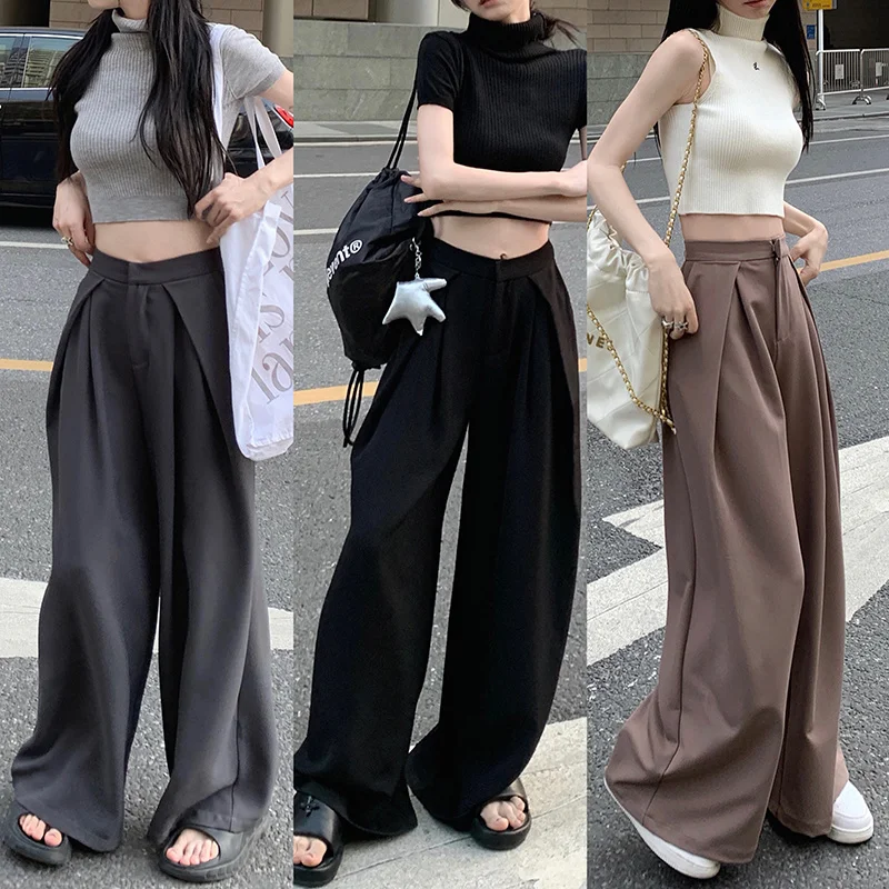 Sagging Straight Casual Pants Women's Spring Summer High Waist Pants Solid Black Brown Grey Loose Wide Leg Pants