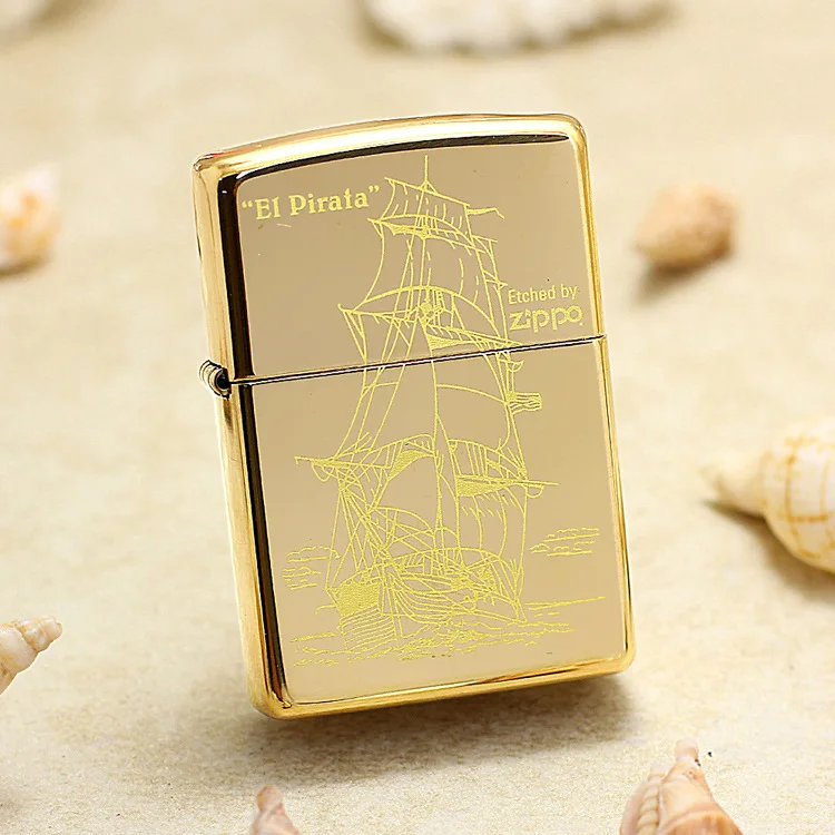 Genuine Zippo oil lighter copper windproof Golden mirror boat cigarette Kerosene lighters Gift with anti-counterfeiting code