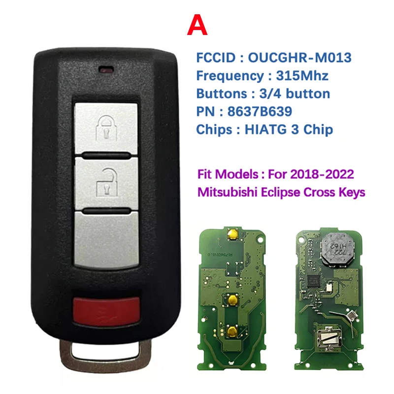 

CN011034 Aftermarket 3/4Button Smart Key For 2018-2022 Mitsubishi Mirage Eclipse Cross PN 8637B639 OUCGHR-M013 315MHZ 47 Chip