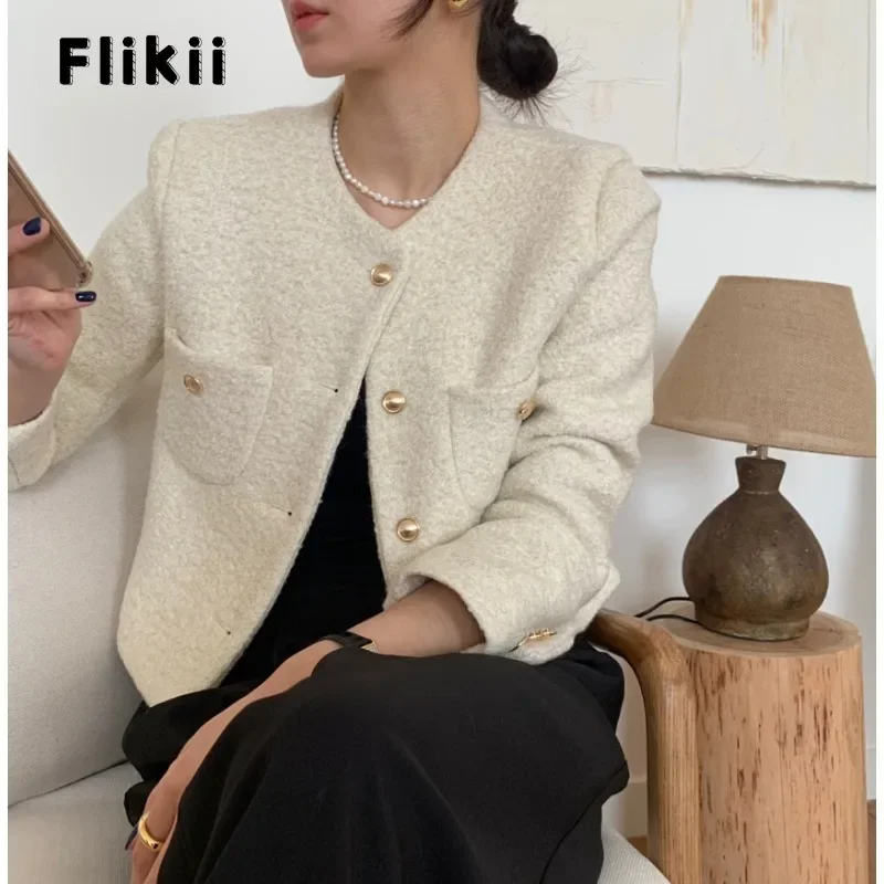 

2023 Winter Luxury Style Round Neck Single Breasted Jacket For Women Casual Fashion Slim Fit Office Lady Elegant Chic Coat