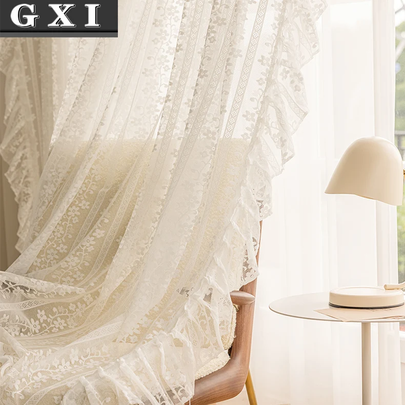 

French High Grade White Lace Ruffles Voile Tulle Curtains for Living Room Bedroom Romantic Sheer Cortina Decoration Zh053