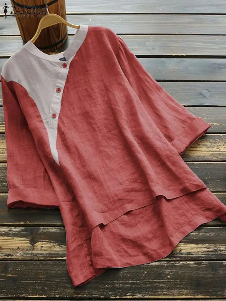 

ZANZEA Summer Vintage Women's Blouse Fashion Tunic Chemise Casual Top Oversized Female 3/4 Sleeve Patchwork Tops Loose Blusas