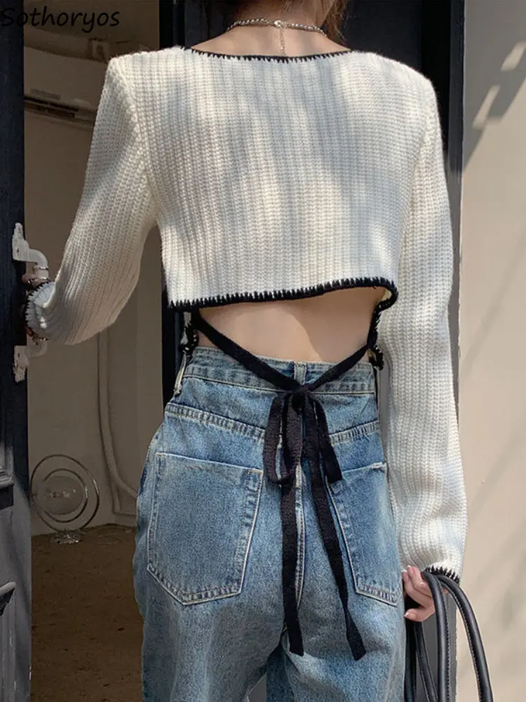 

Fluffy Pullovers Women Knitted Solid Crop Back Lace-up Designed Aesthetic Elegant Office Ladies New Autumn Winter Sweaters Chic