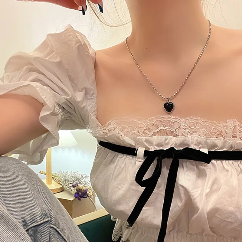 

Женское Ожерелье с кулоном в виде сердца, черное циркониевое длинное ожерелье с кулоном в Корейском стиле, простое темпераментное Ювелирно...