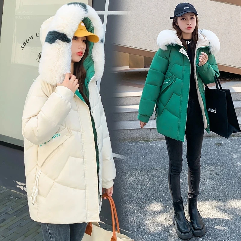 Female Warm Thicken Cotton Coat Winter Hooded Outwear 2022 New Women Winter Parkas Coat Korean Fur Collar Cotton Padded Jacket