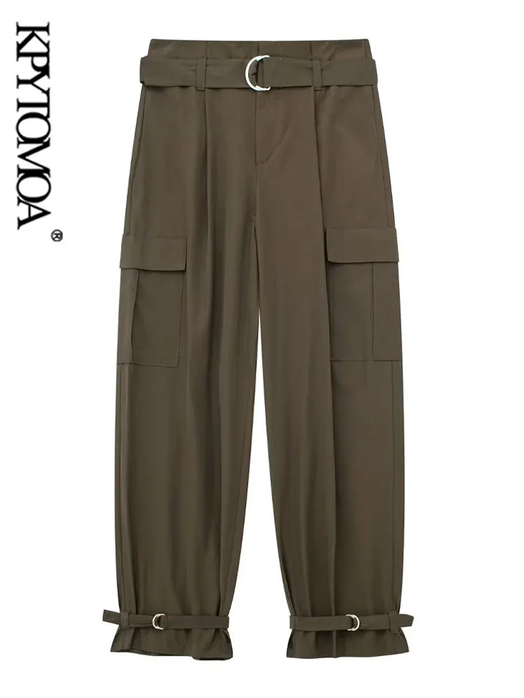 

Женские прямые брюки-карго KPYTOMOA, винтажные брюки с высокой талией, на молнии, с поясом и накладными карманами