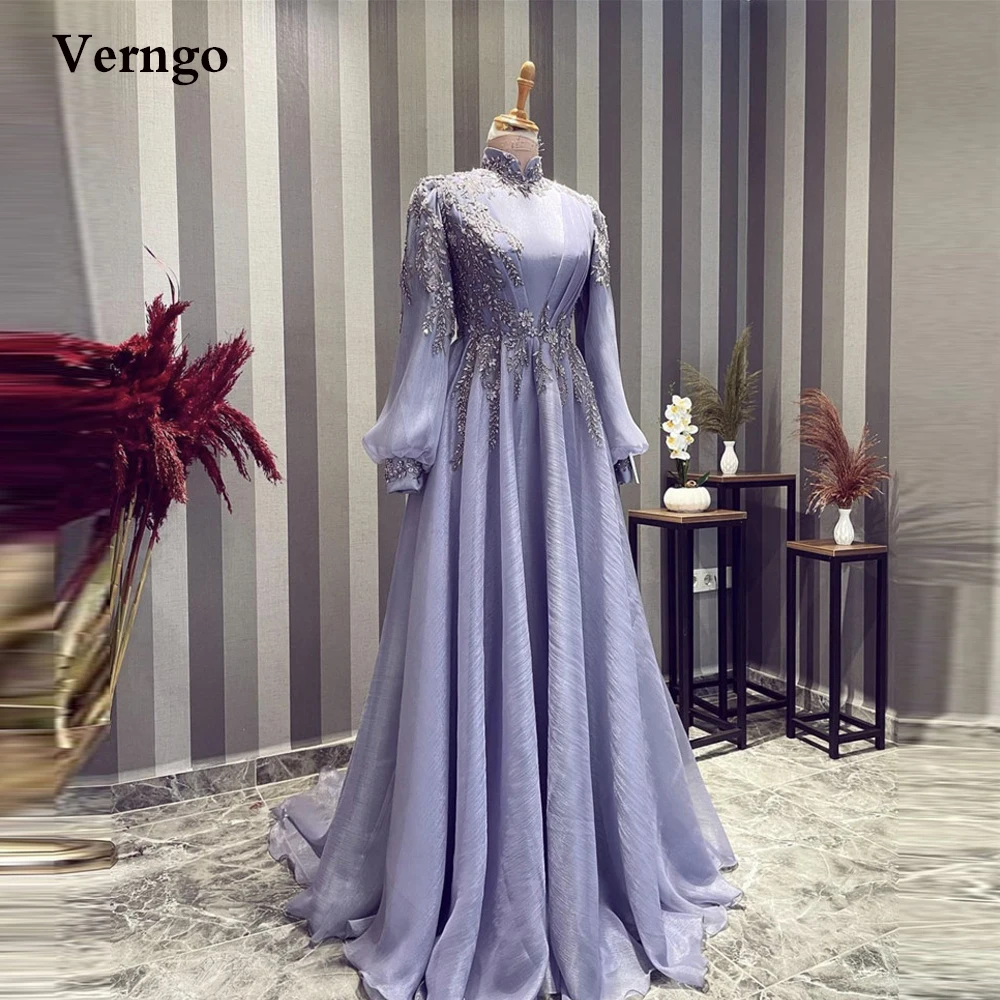 

Verngo Lavender A Line Evening Dresses Long Sleeves High Neck Applique Floor Length Prom Dress Saudi Arabic Women Formal Dress