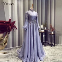 verngo lavender a line evening dresses long sleeves high neck applique floor length prom dress saudi arabic women formal dress