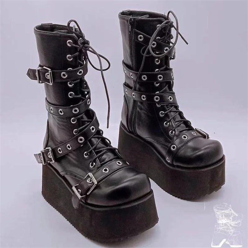 

New Women Boots Platform shoes Mid Calf Motorcycle Boots Fashion Punk Goth ladies boots buckle Lace up Combat Boots Botas Mujer