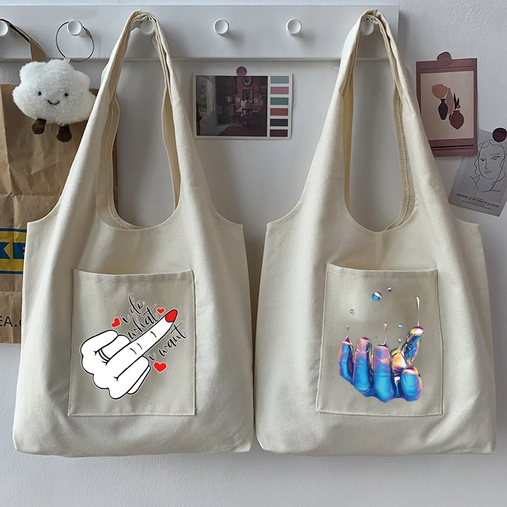 

2023 Woman Bag Shopping Bag Reusable Japanese Prayer Hand Pattern Printed Beige Commuter Bag Casual Bag Tote Bag Large Capacity