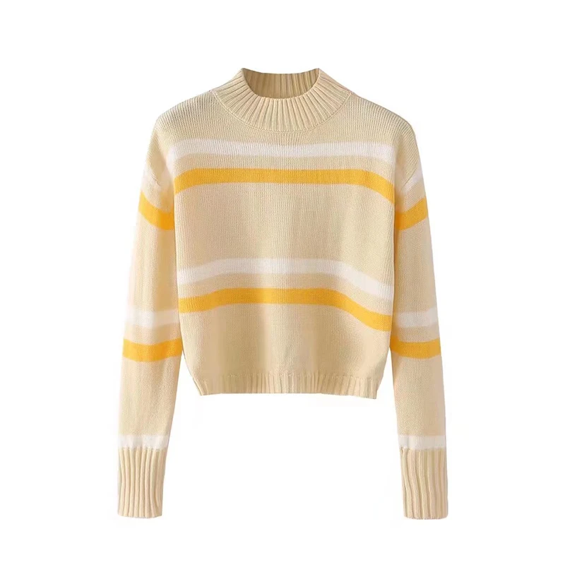 

2022 Autumn Women Fashion Striped Knitted Sweater Versatile Long Sleeve O Neck Female Short Pullovers Chic Top XZ22321