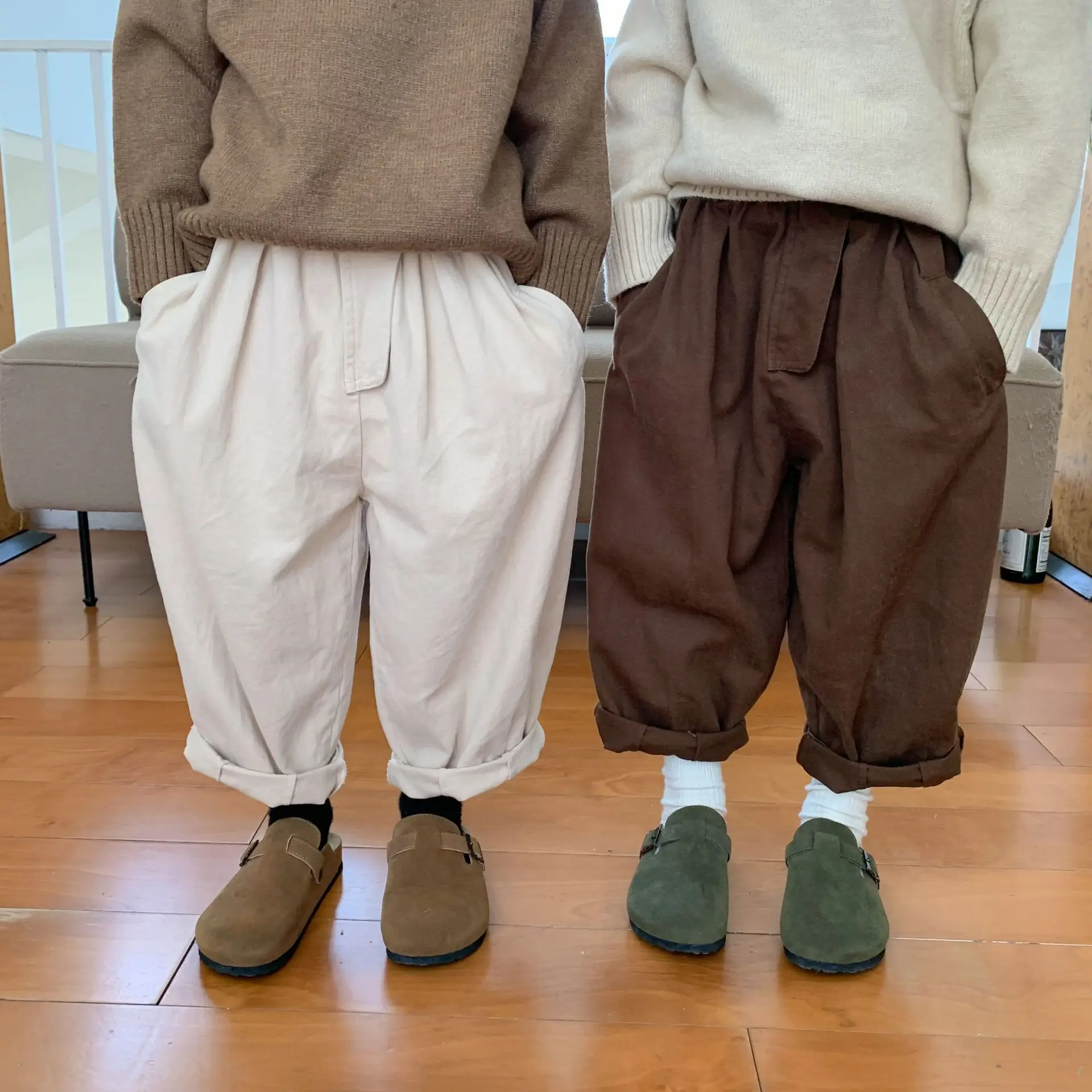 

2022 Pants Ankle Length Elastic Waist Loose Straight Clean Simple Cotton Soft Casual Comfortable Plain Autumn Children Unisex