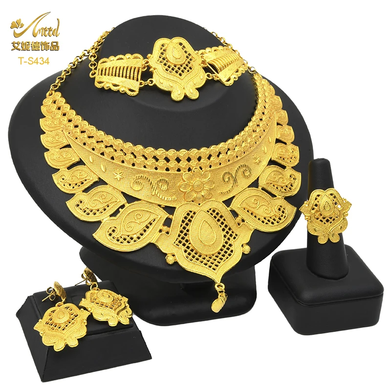 

ANIID Dubai Luxury Women's Jewelry Sets Copper Gold Plated African Necklace And Earrings Set Eritrean Gold Color Costume Jewelry