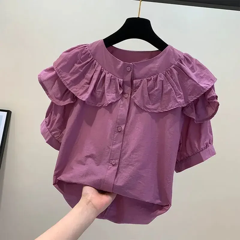 Женская шифоновая рубашка с оборками по краям однотонная Повседневная Свободная