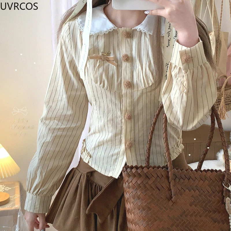 Женская полосатая блузка в японском стиле кружевная Питер Пэн с воротником