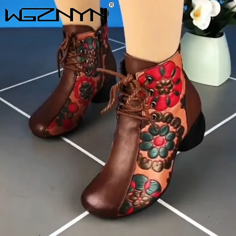 

Женские ботинки с этническим принтом, ботинки из натуральной искусственной кожи на массивном каблуке, со шнуровкой и молнией, Осень-зима 2023
