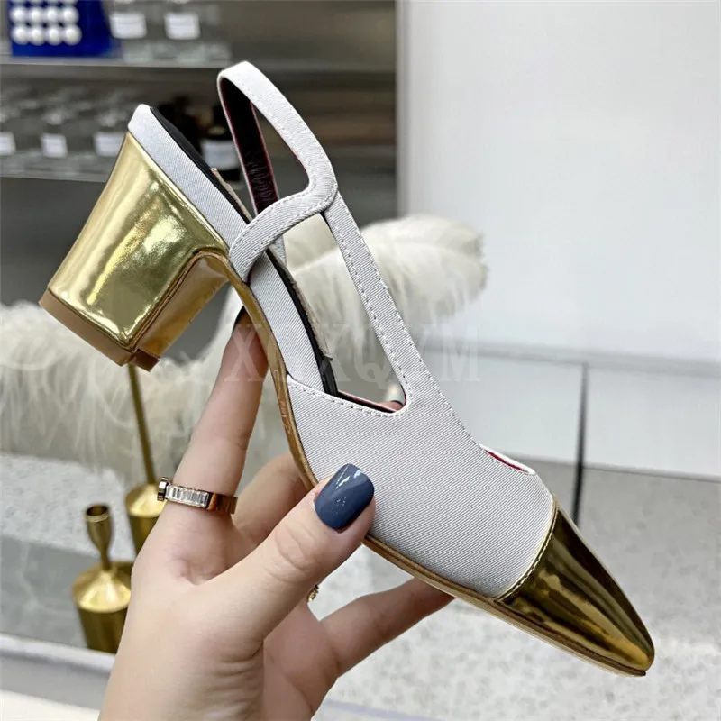 

Classic Women Pumps Round Toe Back Strap Sandals Slingbacks Female Square Heel Shoes Elegant Design Lady Denim Fabric Shoe