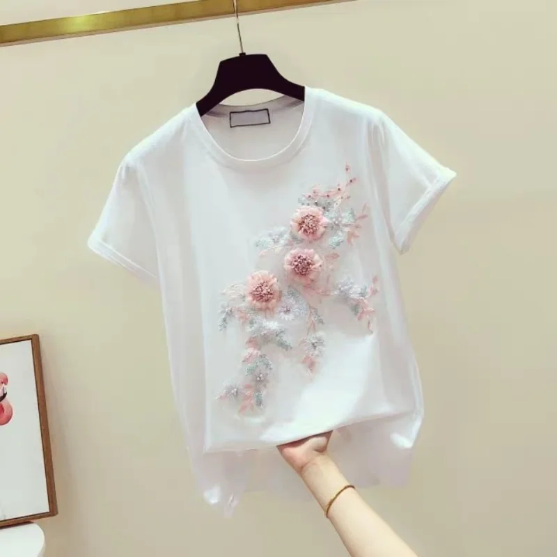 

Casual Loose T Shirt for Women Round Neck Short Sleeve Stitch Floral Solid T Shirts Female Summer Clothing Korean Fashion Q524