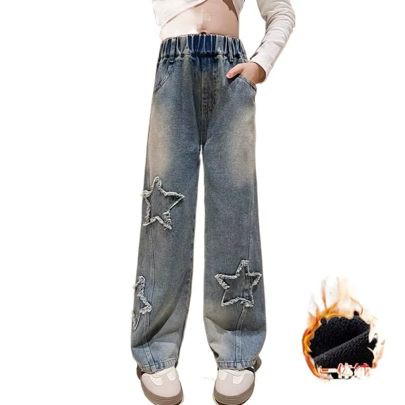 2025 детские зимние теплые широкие джинсы брюки на подкладке джинсовые для девочек