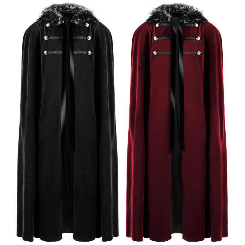 

Medieval Coat Retro Solid Color Fur Collar Punk Cape