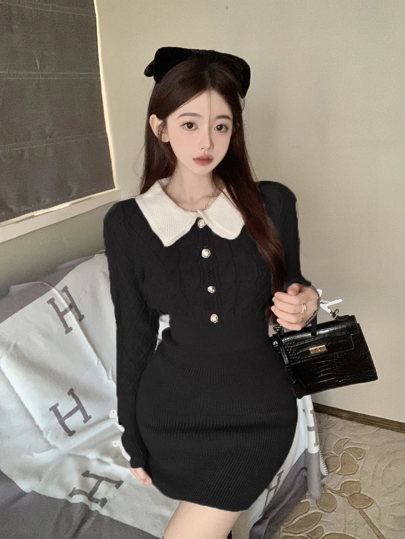 

2023 New Trend Short Skirt Long Sleeve American Soft Girl Spring New Knitwear Doll Collar Dress Bottoming Dress Battle Robe