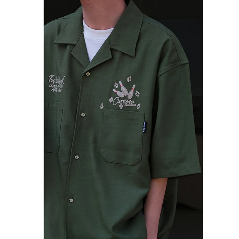 E-BAIHUI Bowling Ball Embroidery Shirts for Men Summer American Vintage Short Sleeve Man Clothing Safari Style Male Blouse