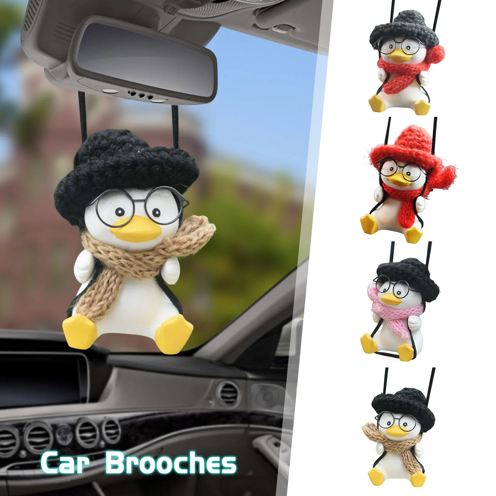

Duck Swing Car Ornament Rear View Mirror Pendant With Glasses And Scarf Cute Automobile Interior Accessories Car Decoration
