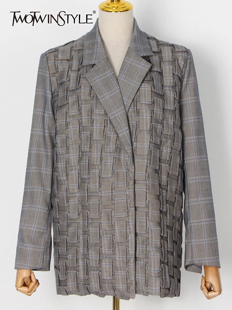 

TWOTWINSTYLE Vintage Plaid Blazer For Women Notched Long Sleeve Straight Single Breasted Coats Female 2022 Spring Clothing Style