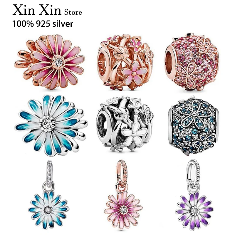 

S925 Sterling Silver Color Charms Fit Original Pandora Bracelet Sparkling Daisy Flower Charm Bead For Women Luxurious Jewelry
