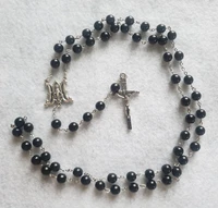 black pearl czech glass beads catholic rosary with magic medallion center pendant necklace