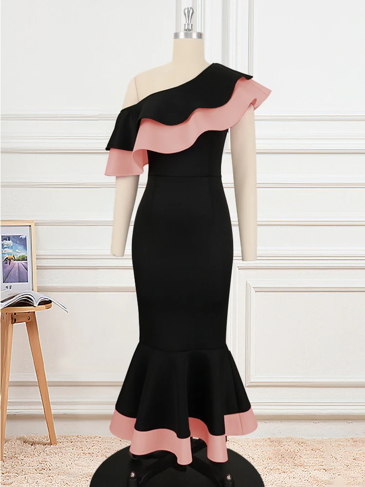 Plus Size Women Mermaid Dress Bodycon One Shoulder Ruffle Black Color Block Midi Robes Elegant African Party Birthday Event Gown