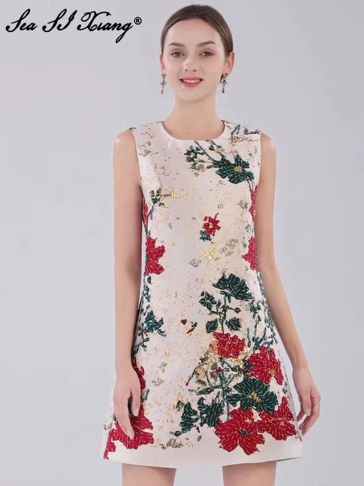 

Seasixiang Fashion Designer Summer Jacquard Dress Women O-Neck Sleeveless Luxury Beading Vintage Mini Dresses