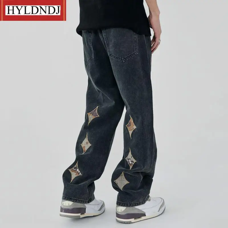 2023 New Mens American Style Harajuku Street Loose Black Long Jeans Oversized Casual Straight Jeans Y2K Printed Hip-Hop Loos