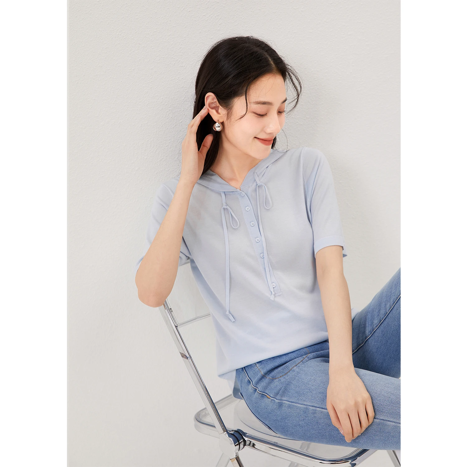 

SHUCHAN Thin Summer Pullover Casacos De Inverno Feminino Knit Hooded Silk Lyocell Casual A-straight Button Up Tops