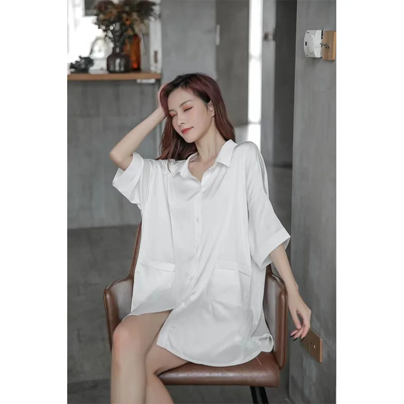 YFTNH Satin Silk Nightgown for Women Soft Sleepwear Back Cutout Sexy Solid Color Plain Short Sleeve Nightshirt Summer Nightdress