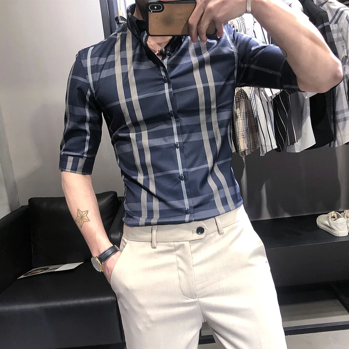 Brand Plaid Shirts Men Short Sleeve Slim Fit Shirts 2021 Summer Casual Business Formal Dress Shirts Social Office Men Clothing