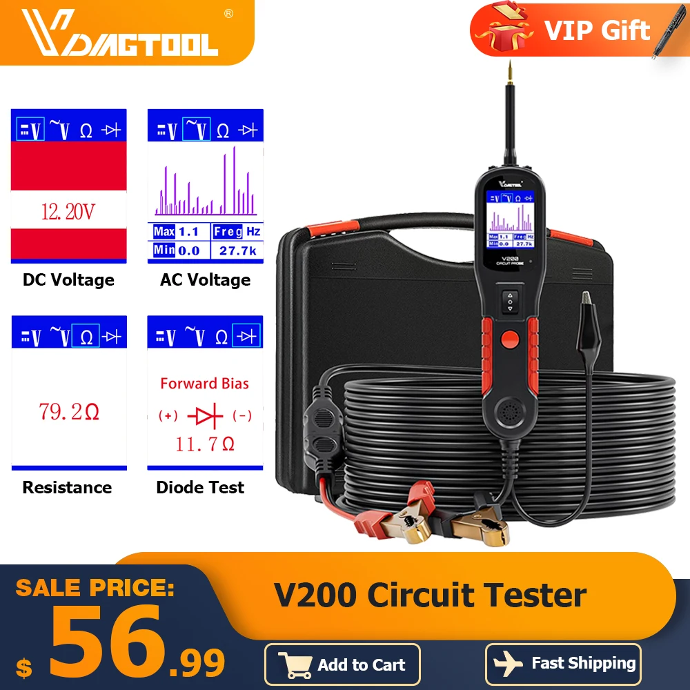 VDIAGTOOL V200 Power Probe Тестер электрической цепи 6V-30V Тестер тока электрической системы Встроенный свет Автомобильный тестер DC / AC / Сопротивление / Проверка диодов Защита от перегрузки Похожие на PB100 PS100