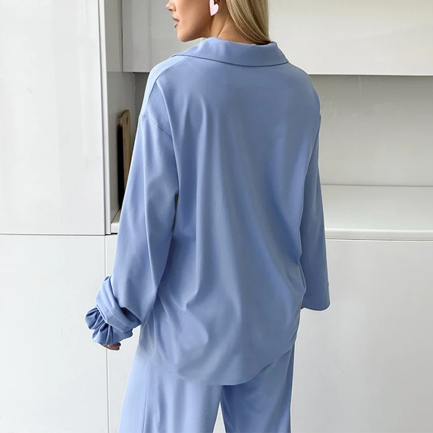 Однотонные синие свободные брюки с длинным рукавом женская пижама шелковая