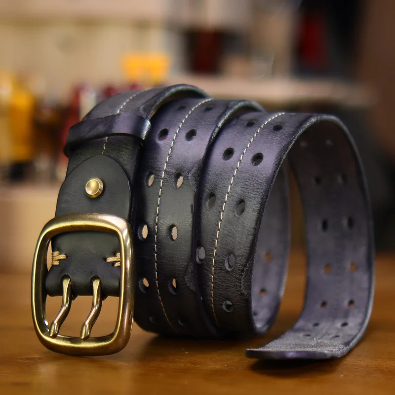 Men's Genuine Leather Belt Double Needle Buckle Retro design High-quality Brass Buckle Belt For Men Top cowhide production