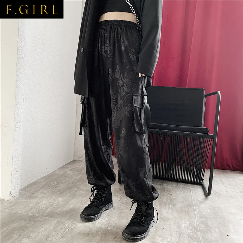 F GIRLS    Japanese Harajuku Cargo Pants Dragon Print Trousers Modis Streetwear Female Summer Loose Thin Pant Pantalones Mujer