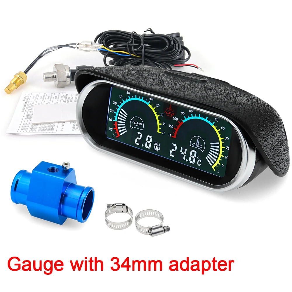 2 в 1 ЖК-дисплей, универсальный автомобильный горизонтальный датчик температуры воды + манометр масла, адаптер температуры воды 1/8NPT для датчика температуры 10 мм