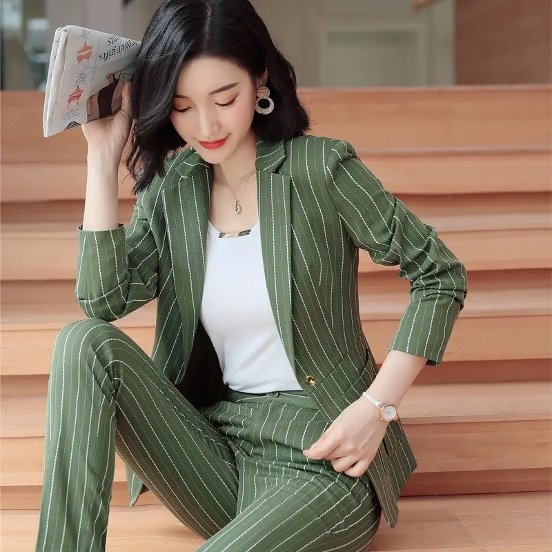 

New Work Fashion Pant Suits 2 Piece Set for Women Striped Blazer Jacket & Trouser Office Business Suit Lady Suit Feminino P275
