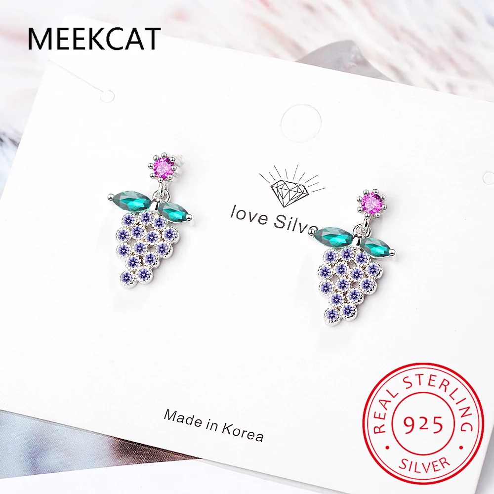 

Real 925 Sterling Silver Lovely Fruit Grape Purple Zircon Stud Earrings For Women Wedding Party Fine Jewelry DB945