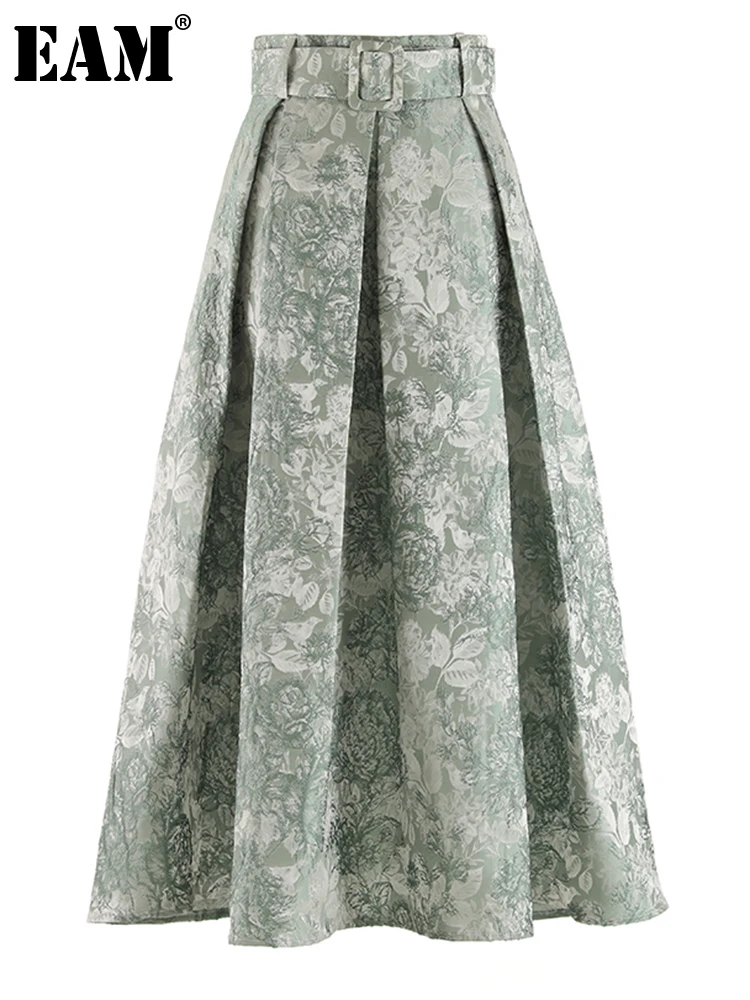 

[EAM] High Waist Green Pattern Jacquard Pleated Long Elegant Half-body Skirt Women Fashion Tide New Spring Autumn 2023 1DF8893