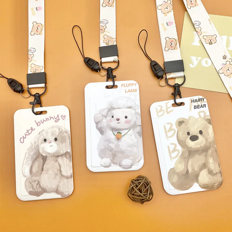 

Cartoon Graffiti Plush Bear Card Holder Campus Student ID Card Bus Card Meal Card ABS Plastic Hard Shell Lanyard Card Cover