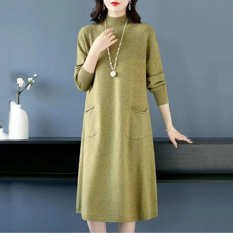 Women Autumn Winter Long Dresses Knitting Sweater 2023 New Wavy Pattern Patchwork Half High Collar Oversize Office Lady Dress