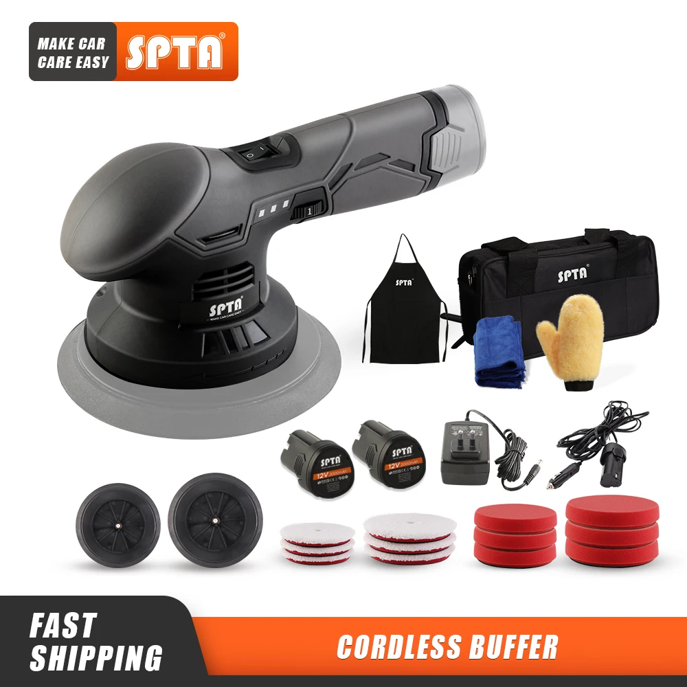 SPTA 12V Cordless Buffer Polisher 8mm DA Polisher with 2 2.0Ah Battery Variable Speed Polisher Kit for waxing