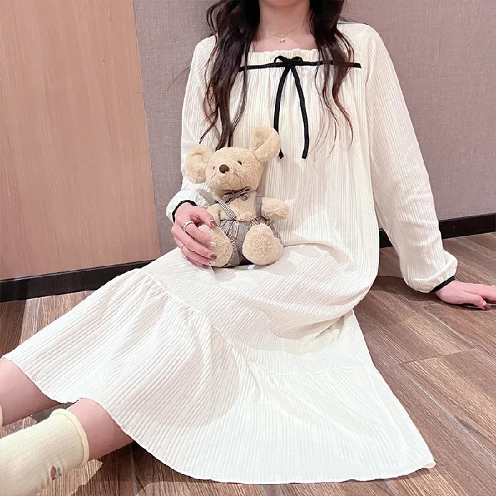 2023 New Spring and Autumn Milk Puddle Stripe Loose Leisure Fashion Comfortable Long Nightdress,Sleepwear and Homewear for Women