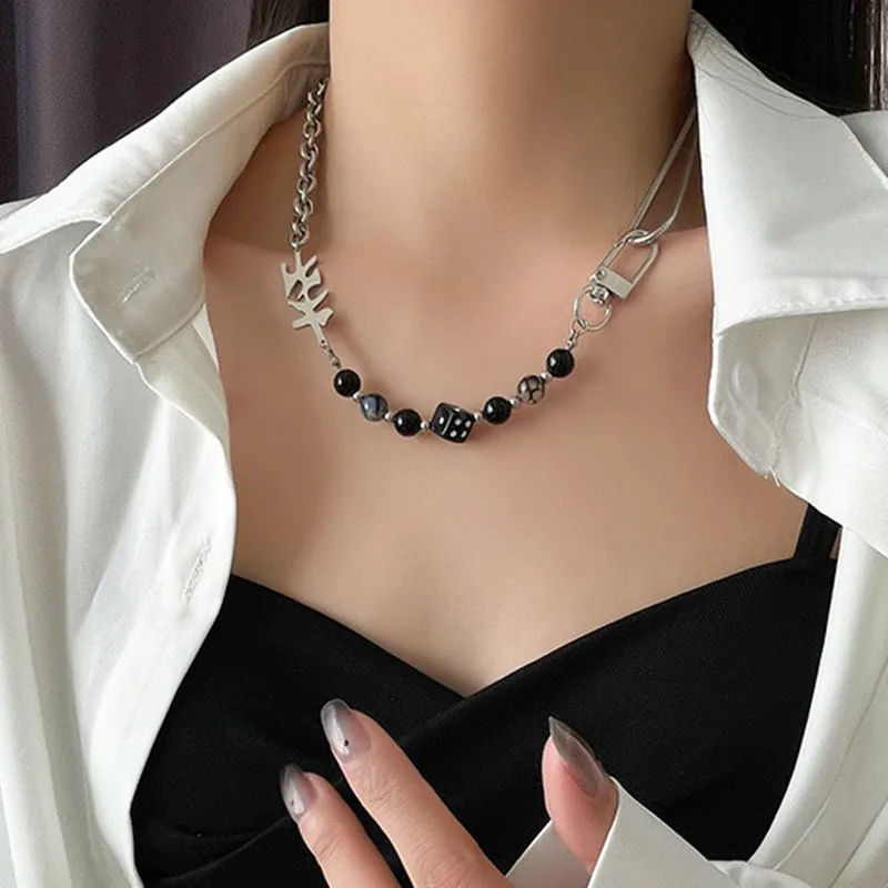 

Splicing Dice Beaded Chain Choker Necklace for Women Men Jewelry 2022 Trend Stainless Steel Statement Asymmetrical Necklaces